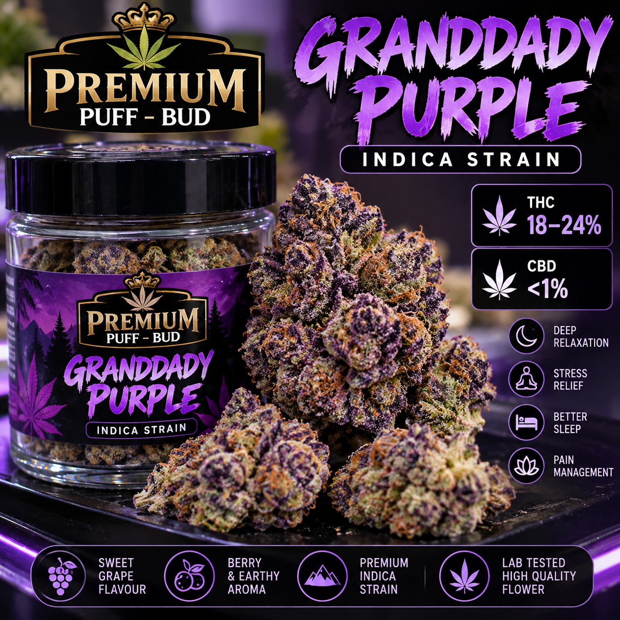 Granddaddy Purple Indica – Premium Puff - Bud Granddaddy Purple Indica – Premium Puff - Bud