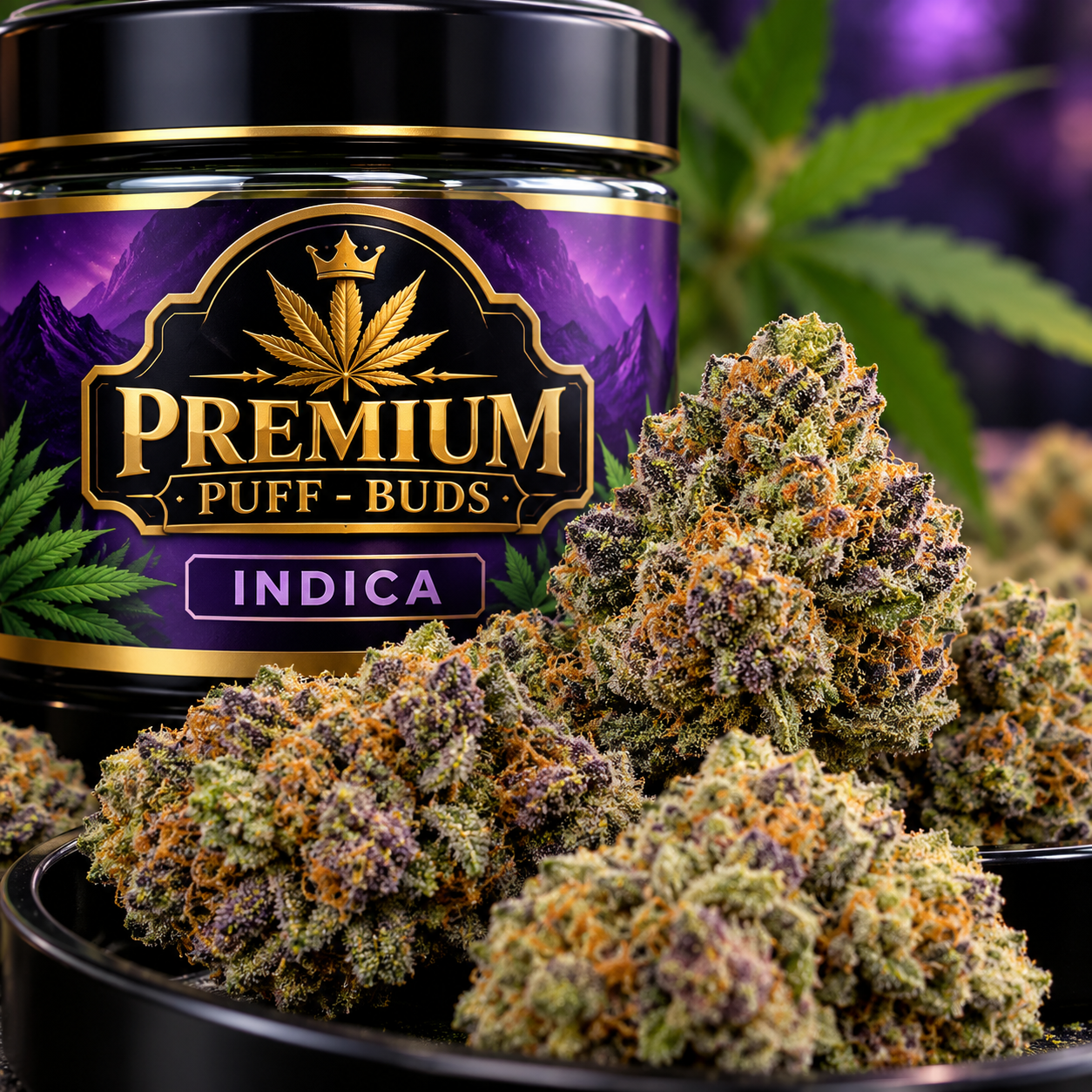 Home premium indica buds in purple packaging